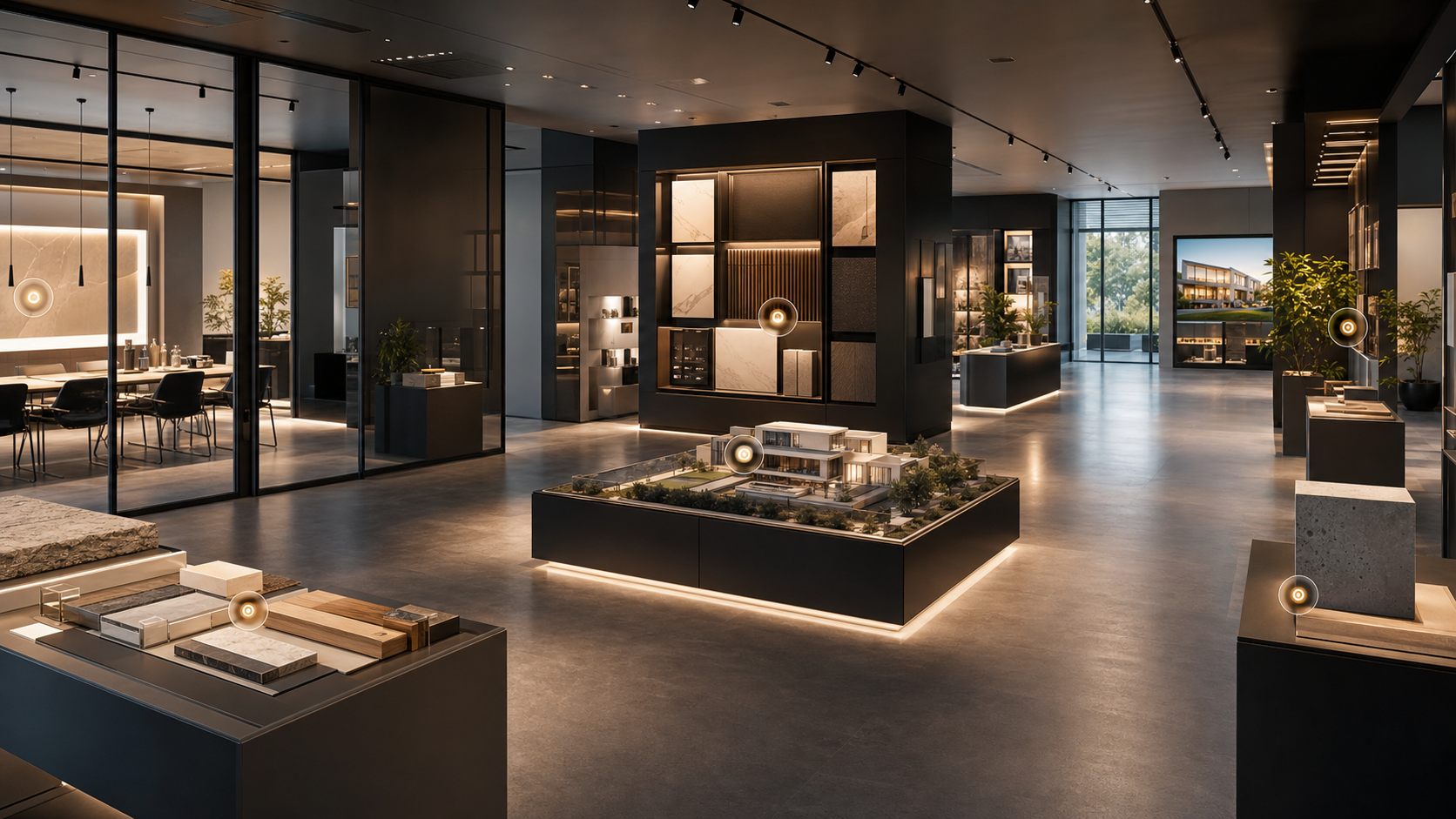 Hochwertige Ausstellung mit digital hervorgehobenen Informationspunkten